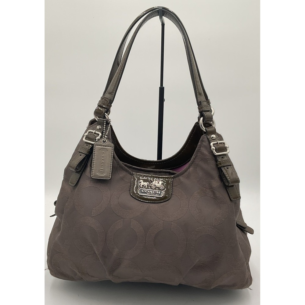 Coach Madison Op Art Gray Nylon Leather Tote Bag Womens Medium